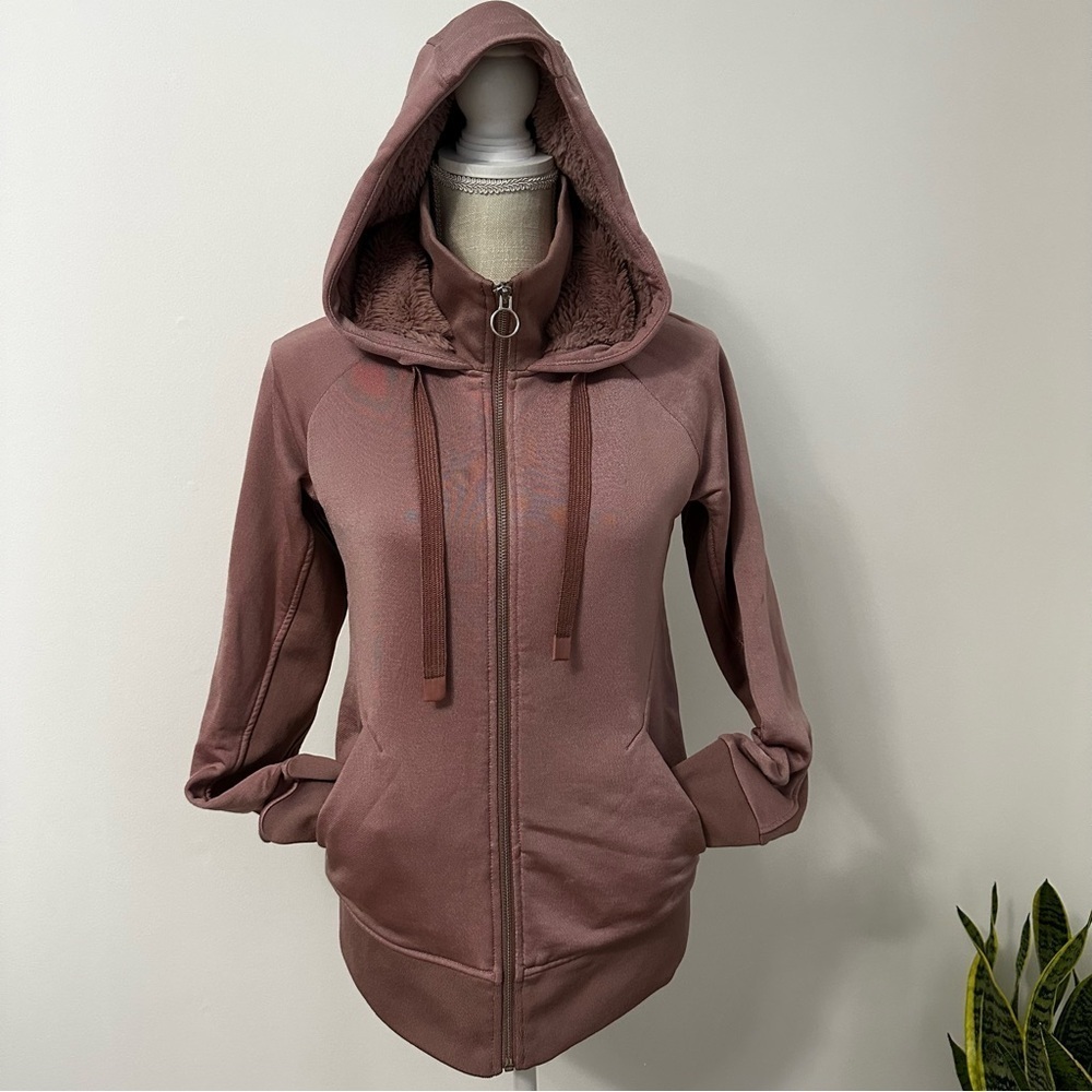 Athleta Rose Pink Triumph Luxe Sherpa Lined Faux Fur Hoodie Jacket Soft Size S